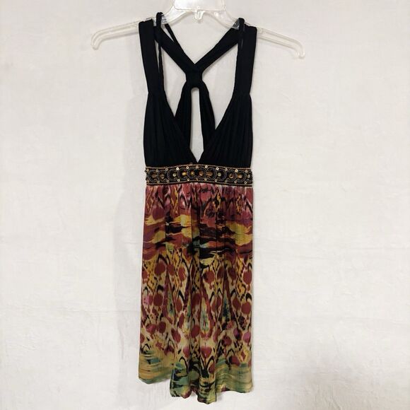 ARDEN B Dress SM Black Knit Bodice Silk Skirt Beaded Waist Ikat Style Boho - Picture 1 of 11